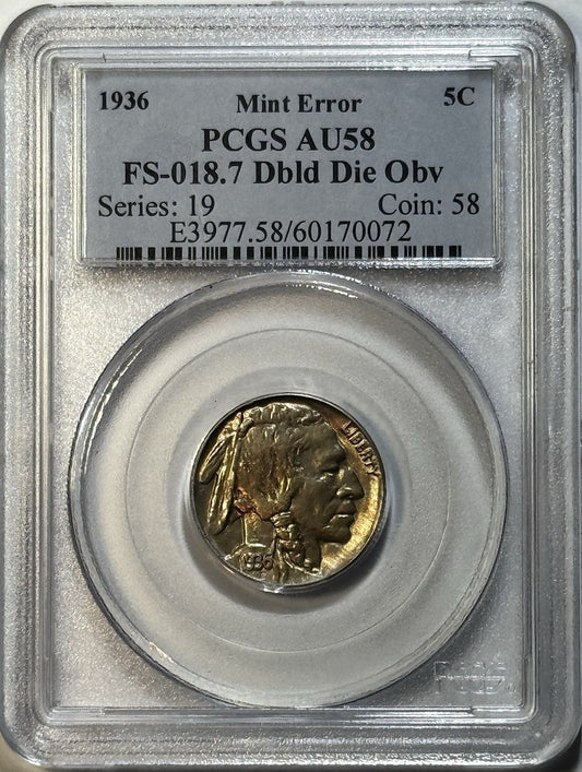 1936 Buffalo Nickel 5C – PCGS AU58 – FS-018.7 DIE VARIETY – TOUGH VARIATION!