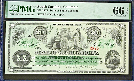 1872 - $20, State of South Carolina, Columbia - PMG 66 EPQ - Gem Uncirculated