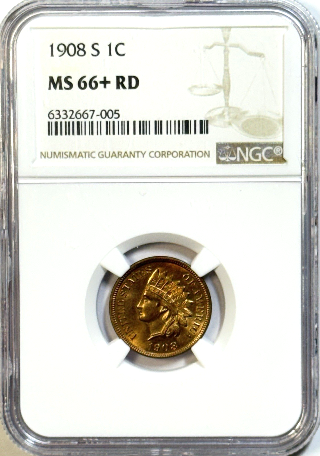 1908-S Indian Head Cent NGC MS66+ RD | San Francisco Mint | High-End Red