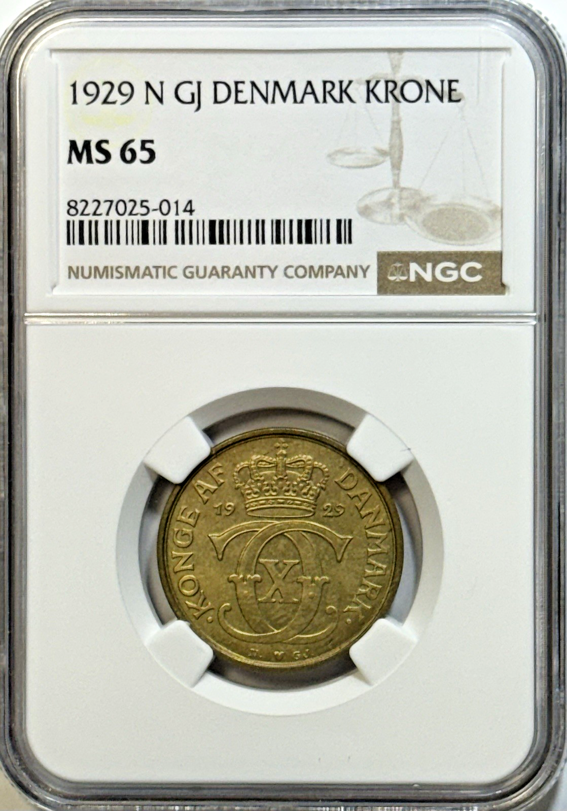 1929 Denmark 1 Krone - NGC MS 65 — Brilliant Mint State — Scarce High Grade