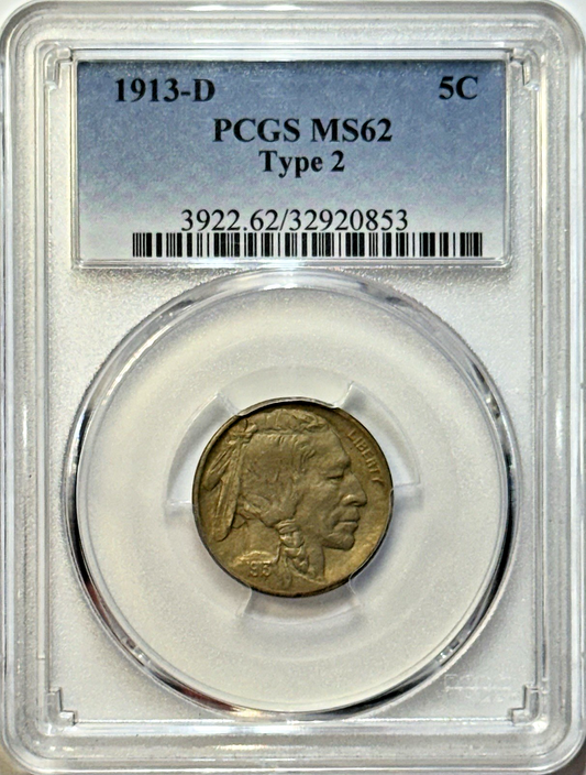 1913-D Buffalo Nickel Type 2- PCGS MS62- Beautiful Toning *Semi-Key Date*