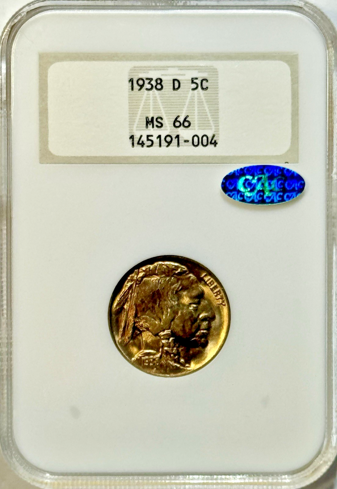 1938-D Buffalo Nickel - NGC MS66 CAC - Fatty Holder Last Year Gem BU PQ 5C Coin