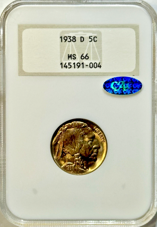 1938-D Buffalo Nickel - NGC MS66 CAC - Fatty Holder Last Year Gem BU PQ 5C Coin