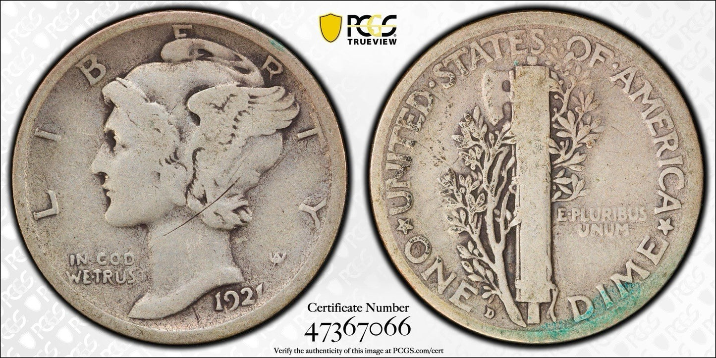 1921-D Mercury Dime - PCGS VG10 Gold Shield - Key Date Certified