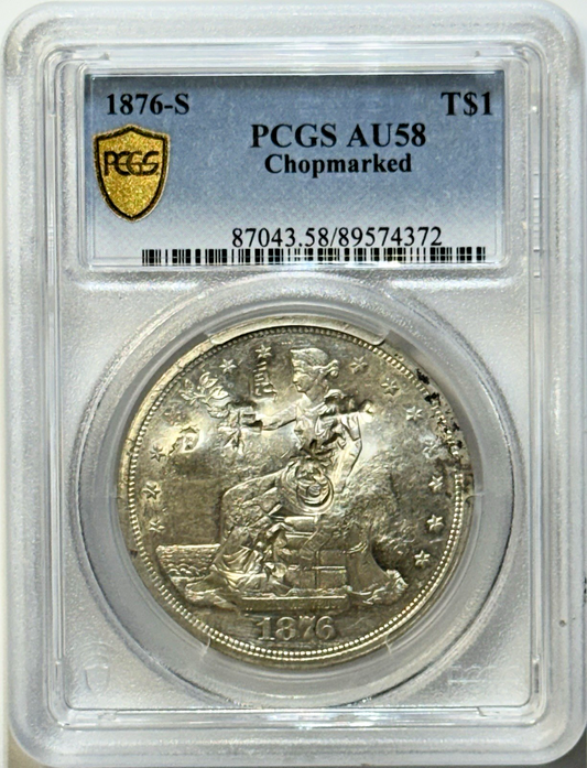 1876-S TRADE DOLLAR $1 – AU58 – CHOP-MARKED – HARD MONEY w/History!