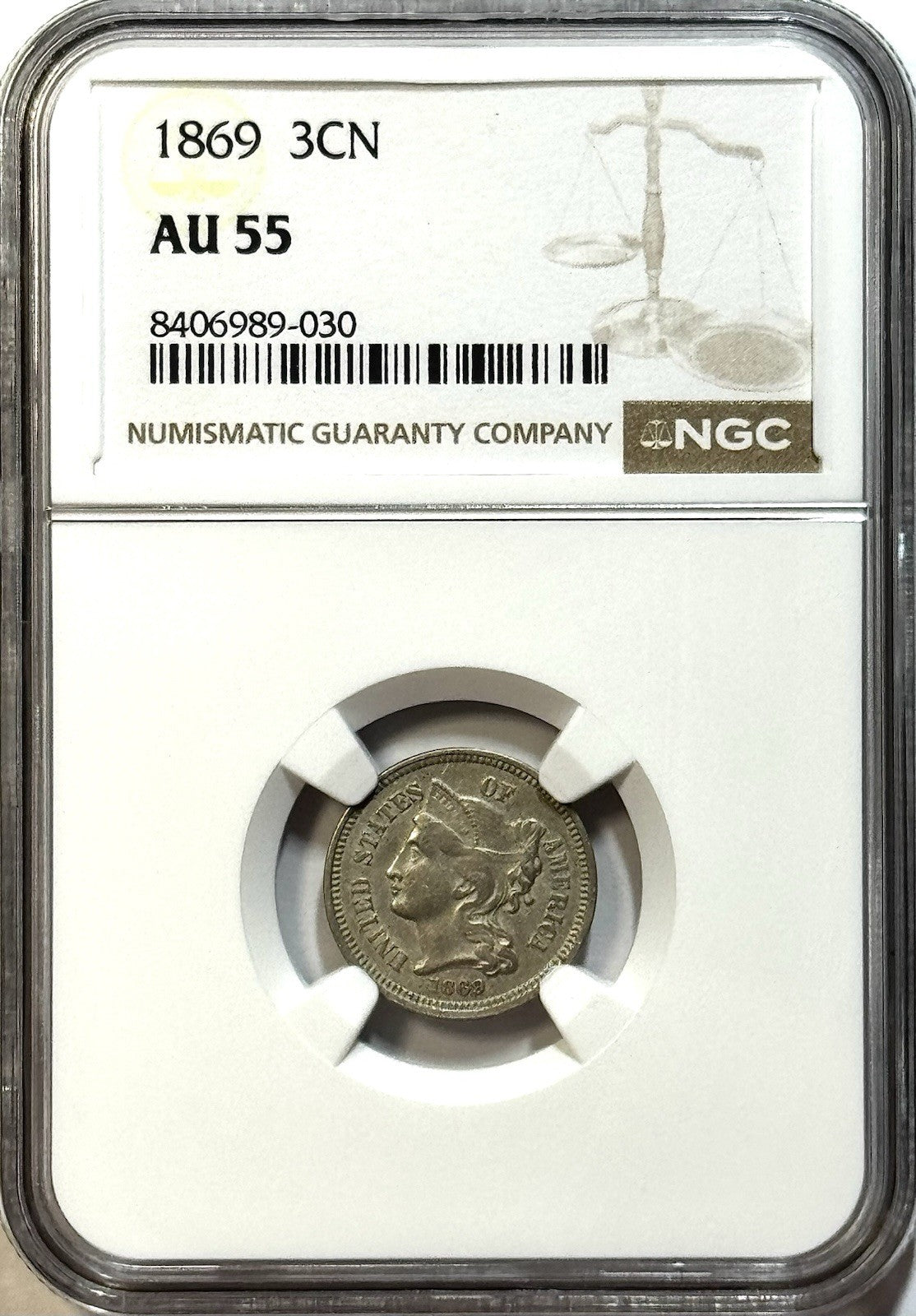 1869 Three Cent Nickel 3CN - NGC AU55 - Scarce Civil War Era Type Coin Choice AU