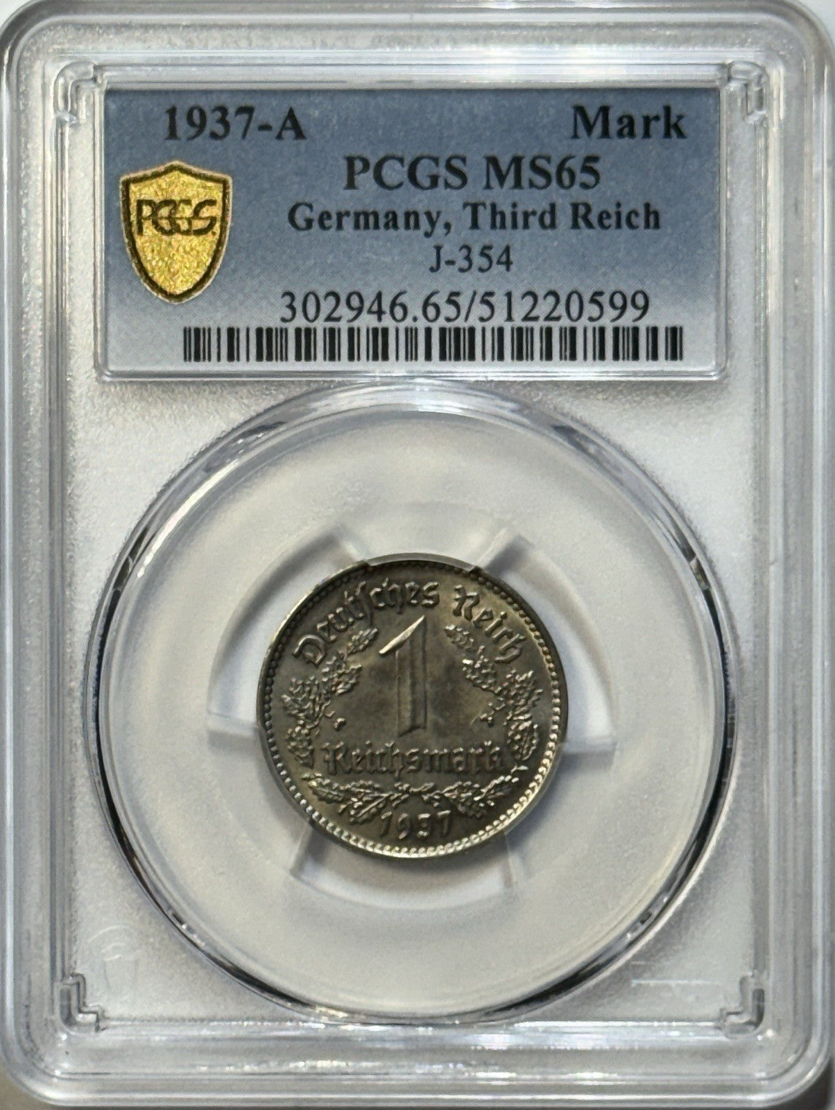 1937-A Germany 1 Mark J-354 PCGS MS65 — Lustrous Third Reich Silver-Look Gem
