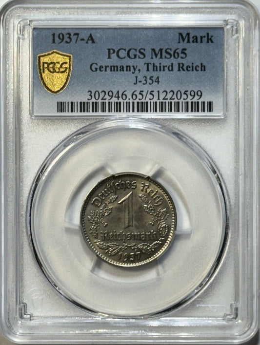 1937-A Germany 1 Mark J-354 PCGS MS65 — Lustrous Third Reich Silver-Look Gem