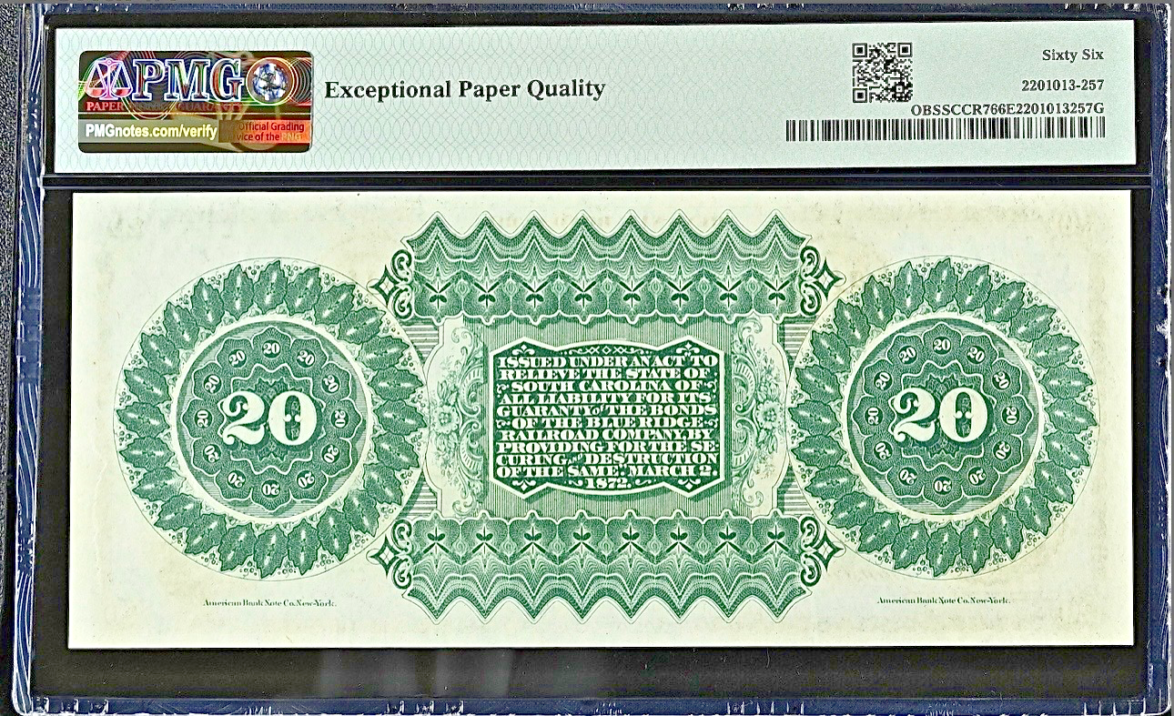 1872 - $20, State of South Carolina, Columbia - PMG 66 EPQ - Gem Uncirculated