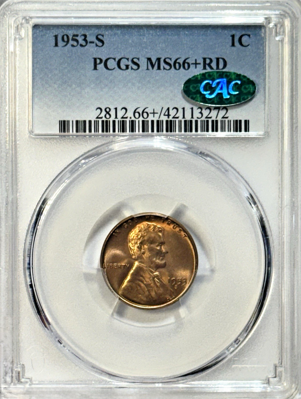 1953-S Lincoln Wheat Cent PCGS MS66+ RD CAC - Superb Gem Red Penny Key Registry