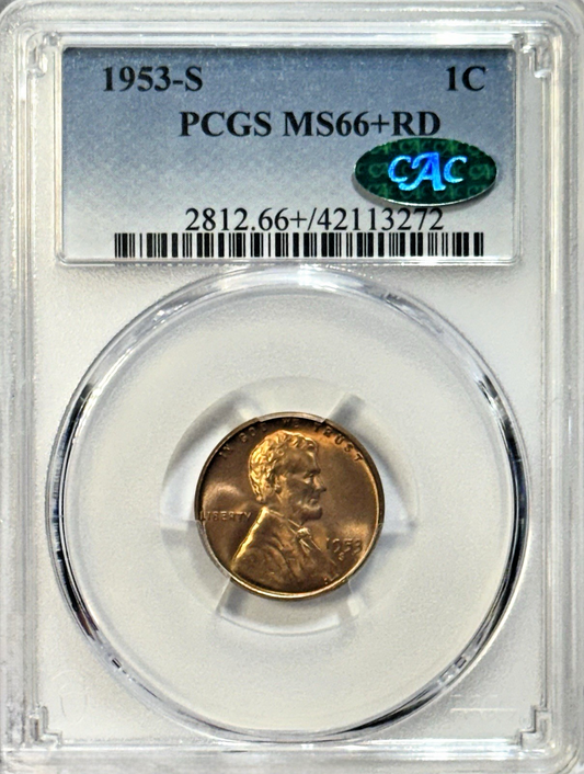 1953-S Lincoln Wheat Cent PCGS MS66+ RD CAC - Superb Gem Red Penny Key Registry