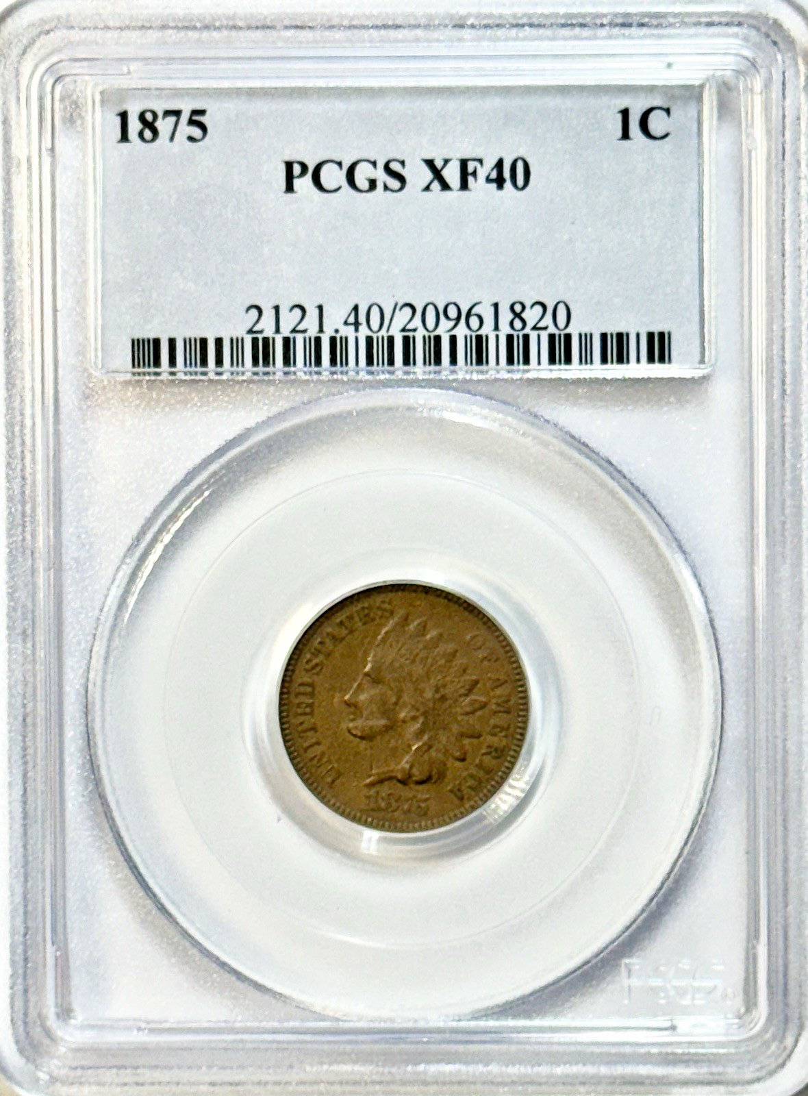 1875 Indian Head Cent PCGS XF40 - Sharp Details Classic Brown Toning
