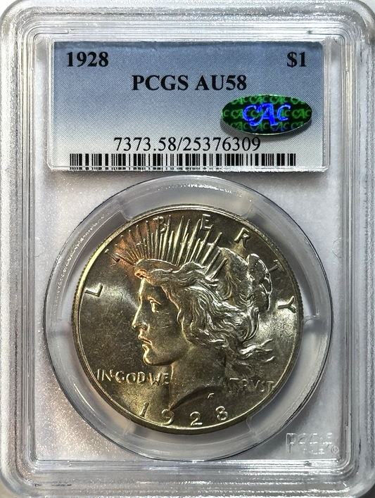 1928 $1 Peace Dollar PCGS AU58 CAC — Key Late-Date Issue