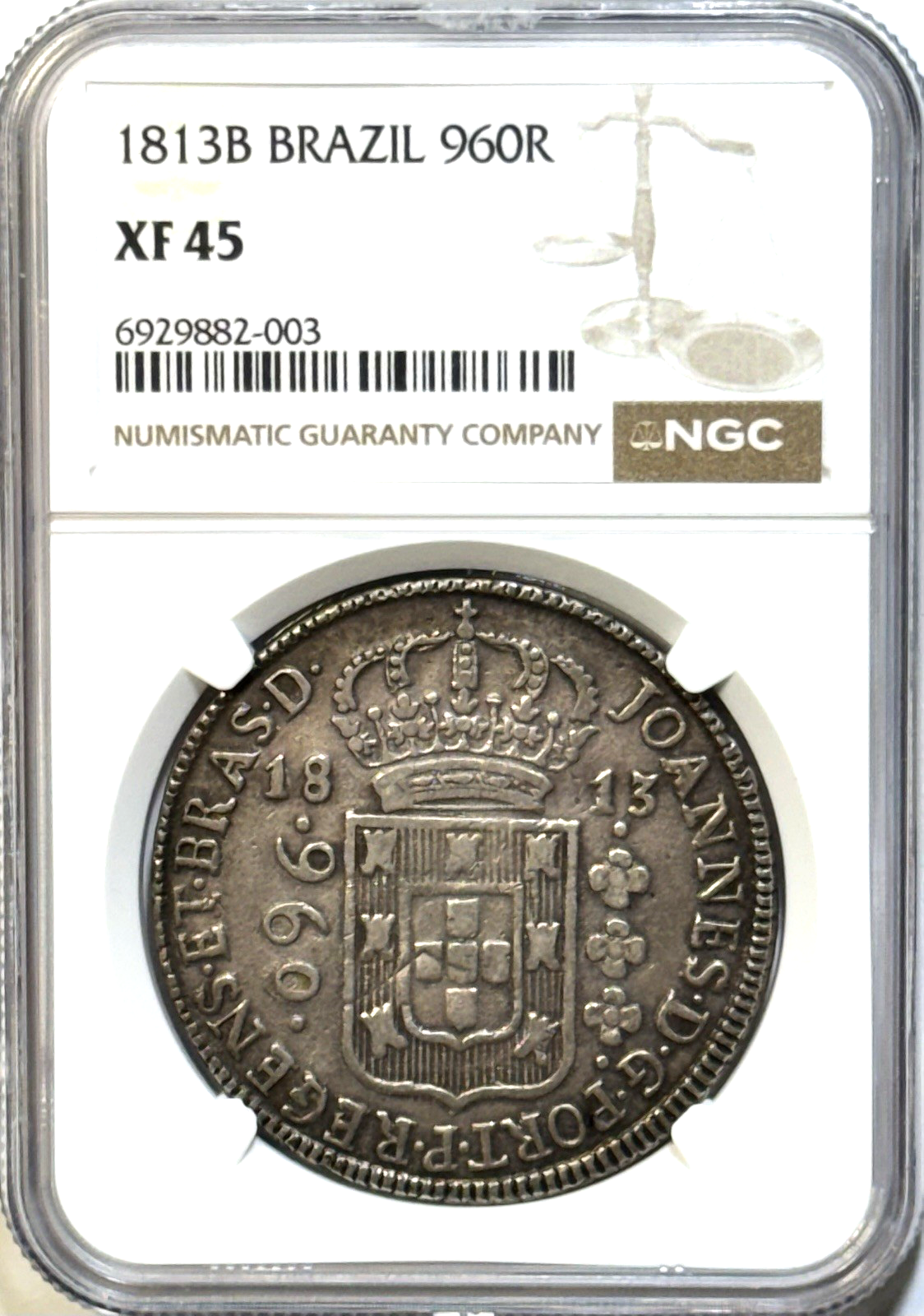 1813-B Brazil 960 Réis — NGC XF45 — Colonial Silver Overstrike Monster!