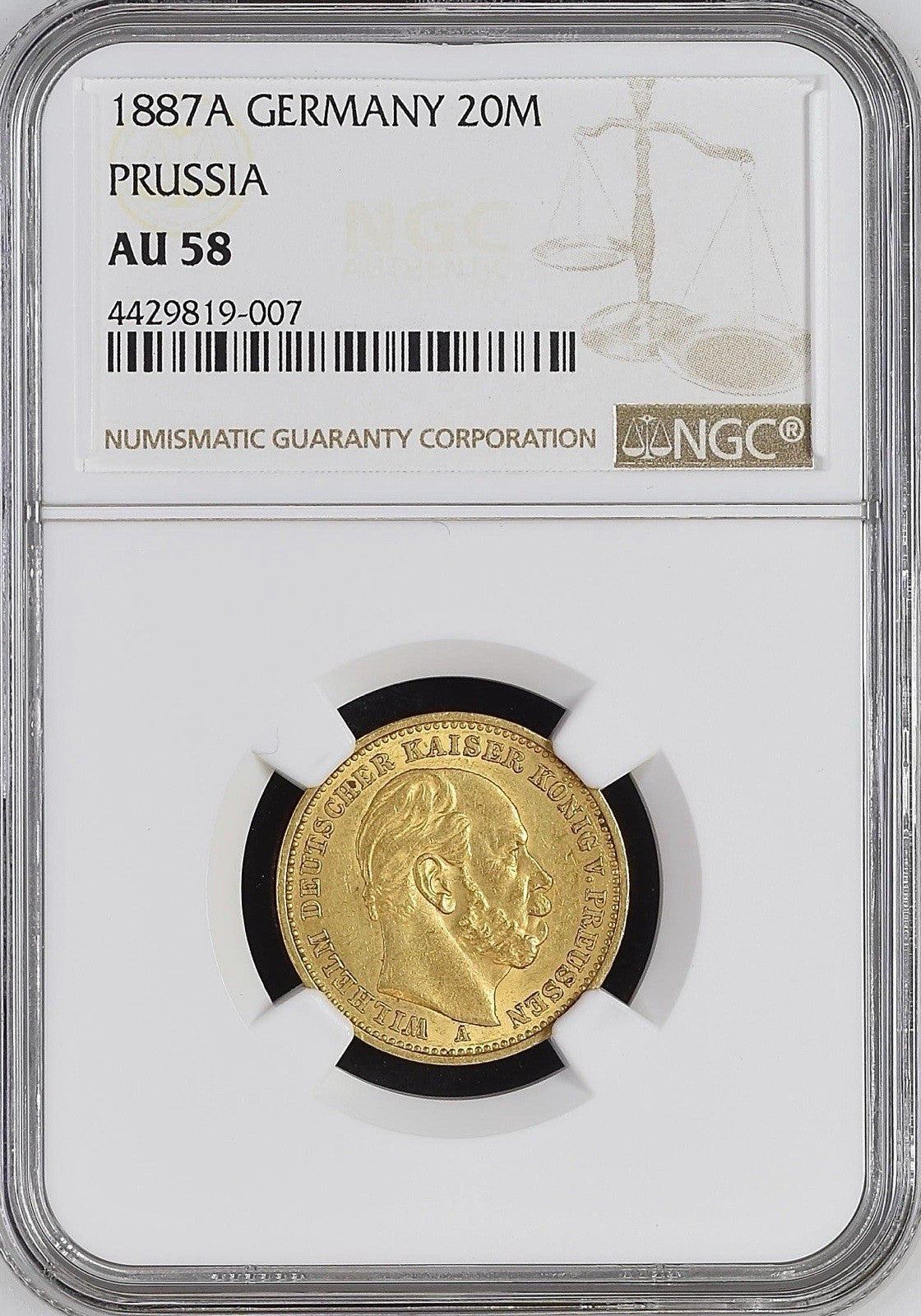 1887-A Prussia 20 Mark Gold – Wilhelm I – NGC AU58