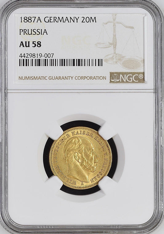 1887-A Prussia 20 Mark Gold – Wilhelm I – NGC AU58