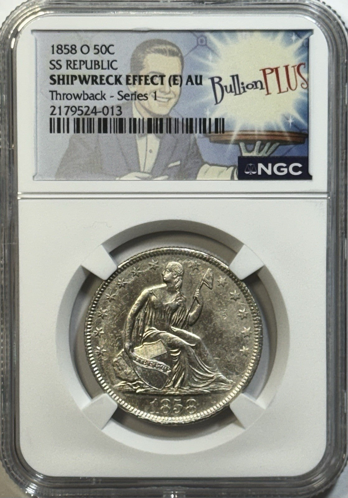 1858-O Seated Liberty Half Dollar – SS REPUBLIC Shipwreck Effect – NGC AU
