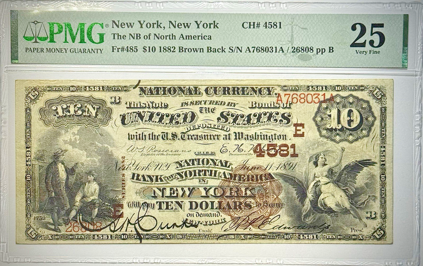 1882 Fr# 485 $10 Brown Back National Bank Note New York, New York - PMG VF 25