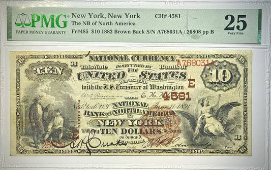 1882 Fr# 485 $10 Brown Back National Bank Note New York, New York - PMG VF 25