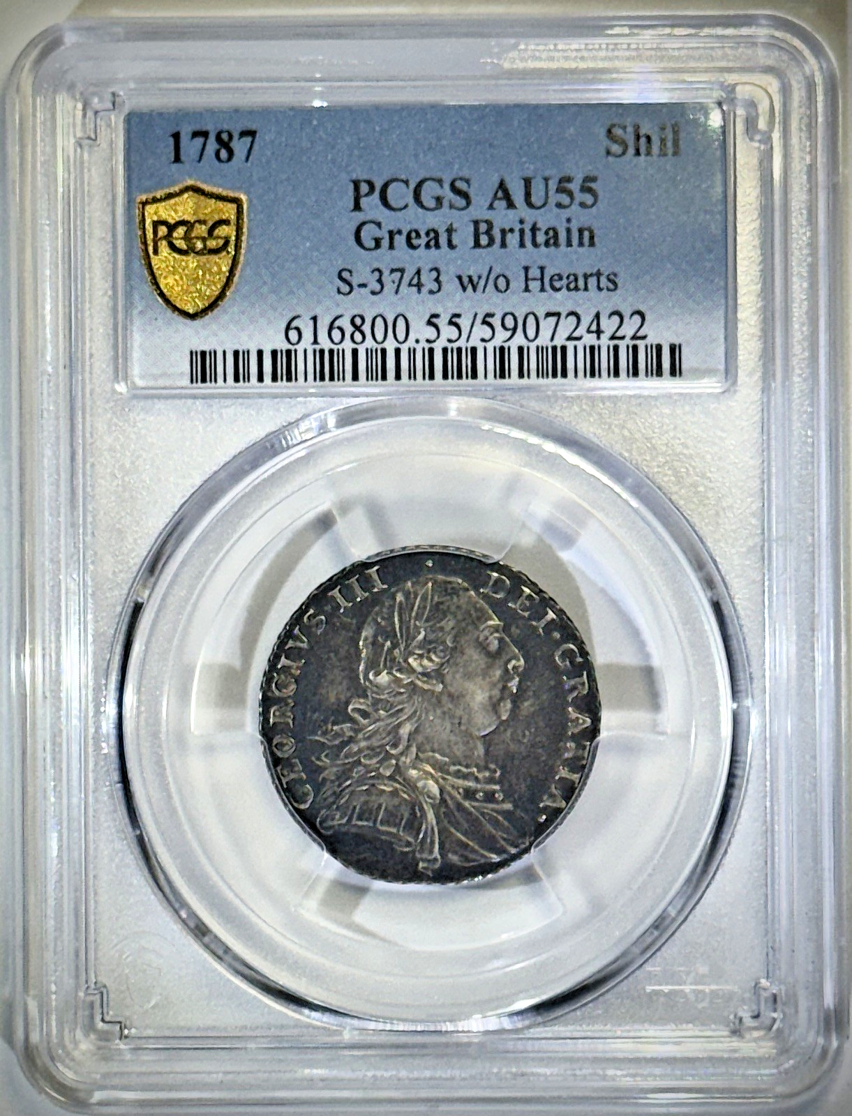 1787 Great Britain Shilling — S-3743 “No Hearts”— PCGS AU55 — Rare George III
