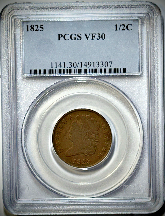 1825 Classic Head Half Cent ½C – PCGS VF30 BN – Scarcer Date