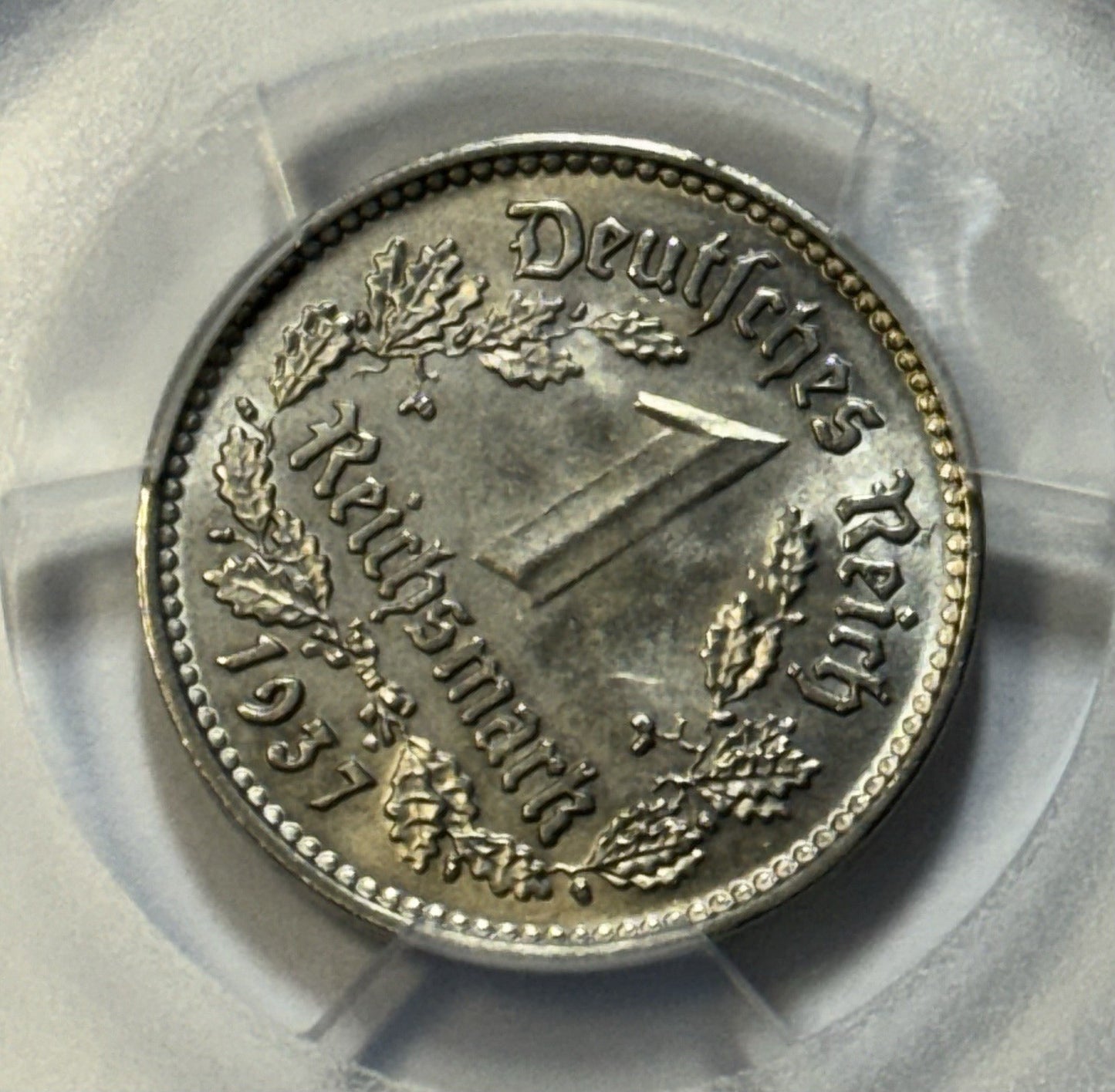 1937-A Germany 1 Mark J-354 PCGS MS65 — Lustrous Third Reich Silver-Look Gem
