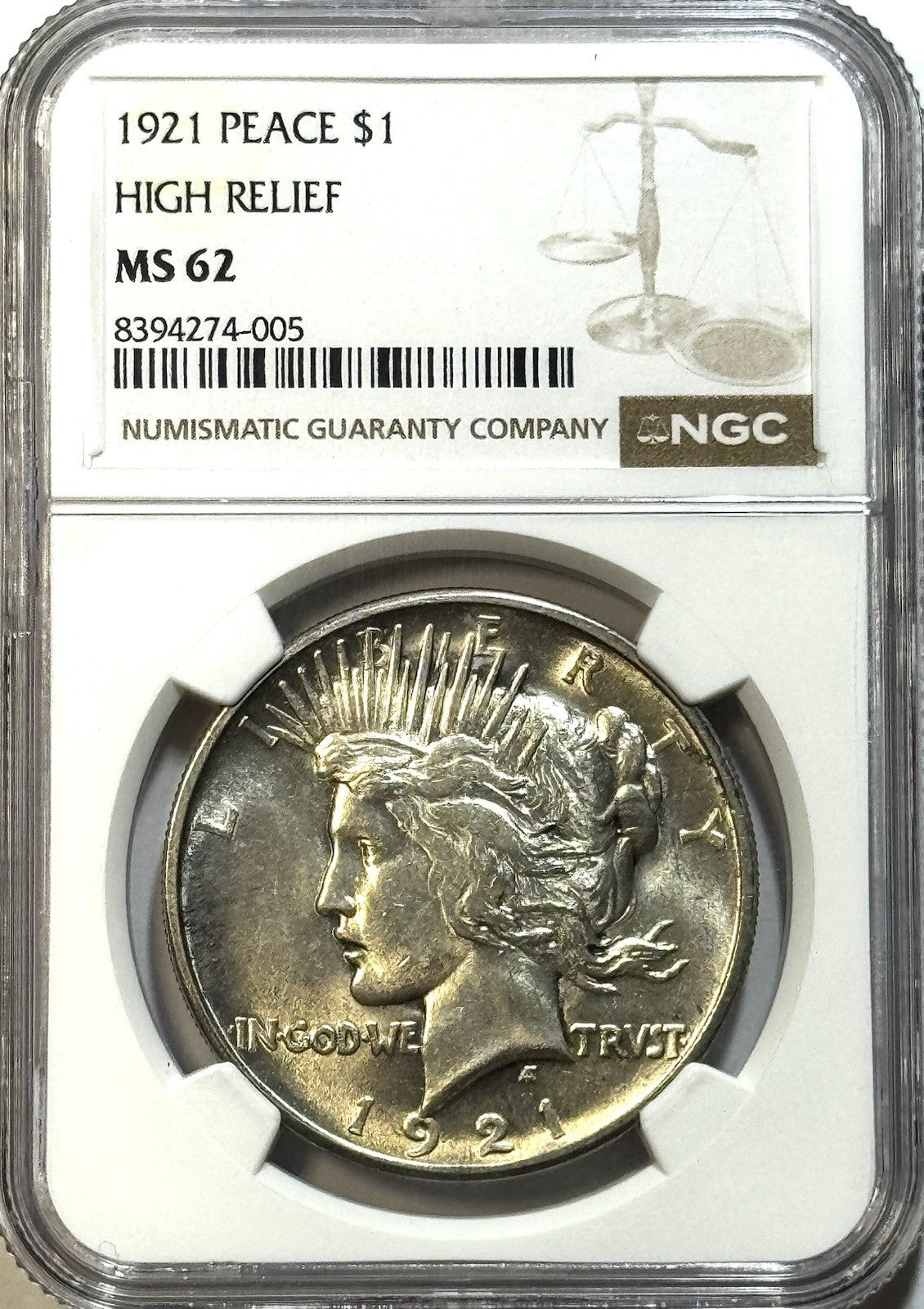 1921 High Relief Peace Dollar - NGC MS62 - Key Date - Original Better Eye Appeal