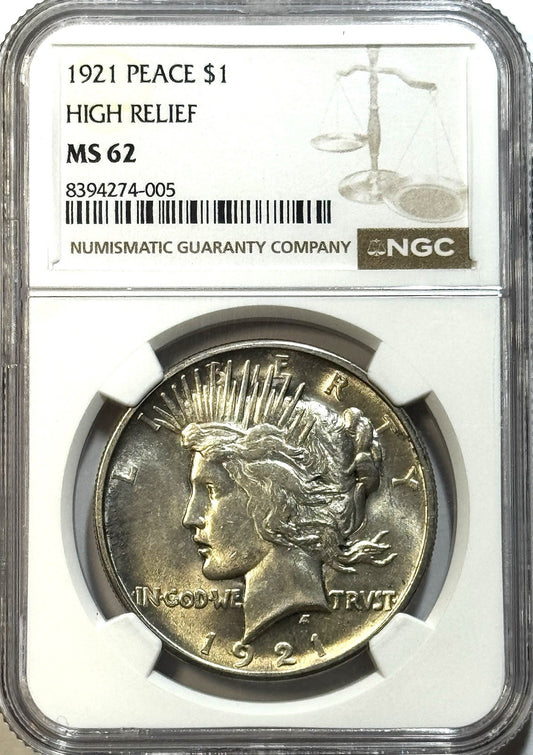 1921 High Relief Peace Dollar - NGC MS62 - Key Date - Original Better Eye Appeal