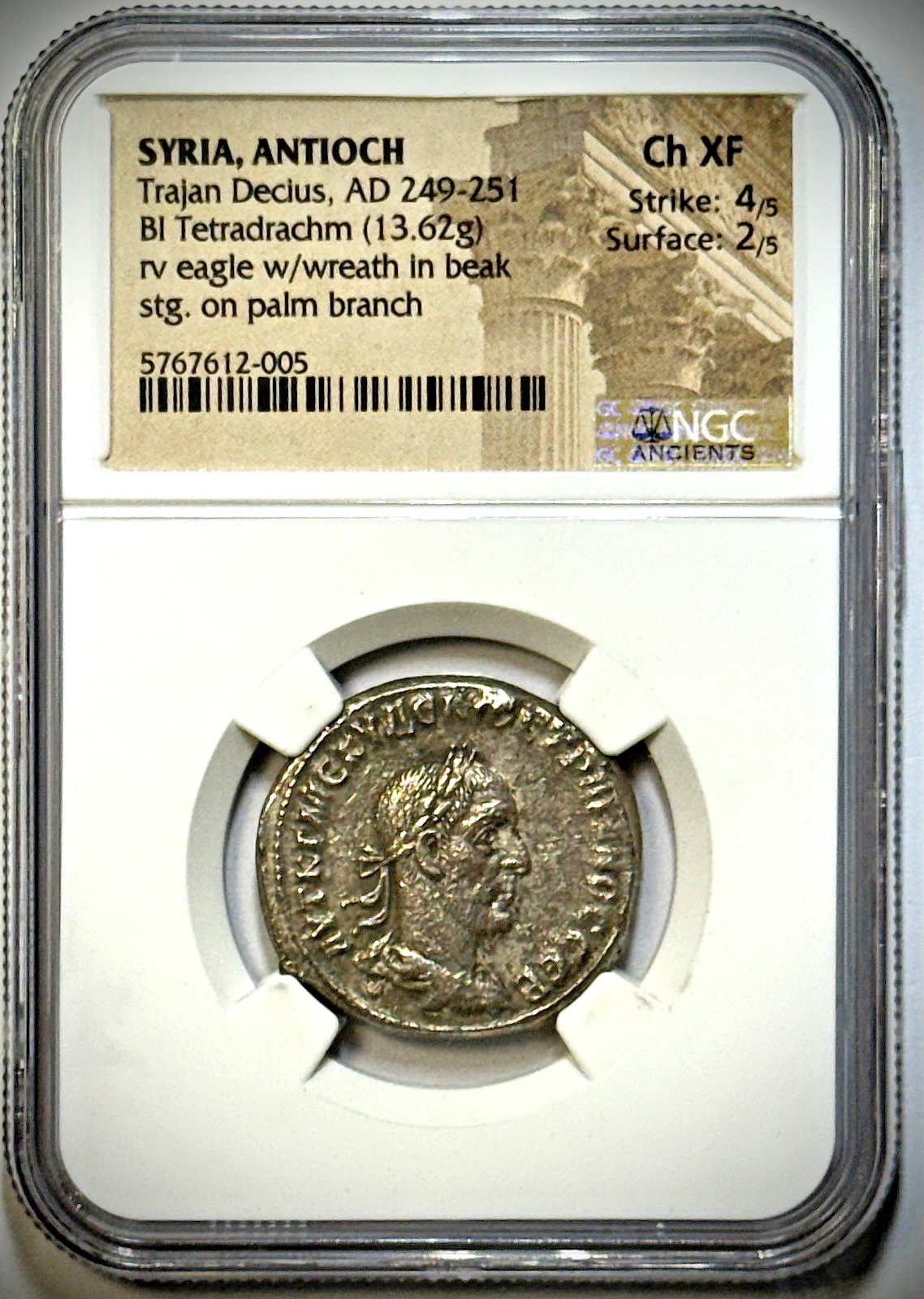 249-251 AD Trajan Decius - SYRIA, ANTIOCH- 4 Drachms - NGC Ch XF St: 4/5 Su: 2/5