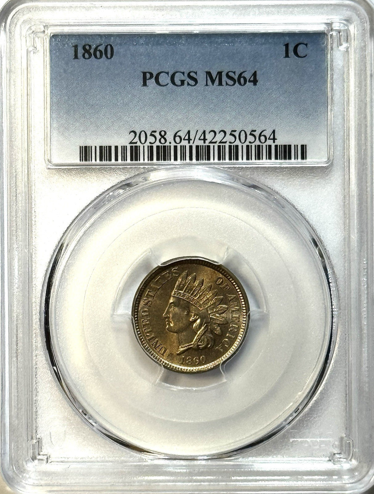 1860 Indian Head Cent - PCGS MS64 - Bronze Civil War Era Copper Golden Toning