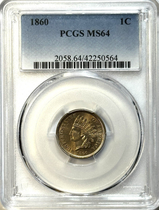 1860 Indian Head Cent - PCGS MS64 - Bronze Civil War Era Copper Golden Toning
