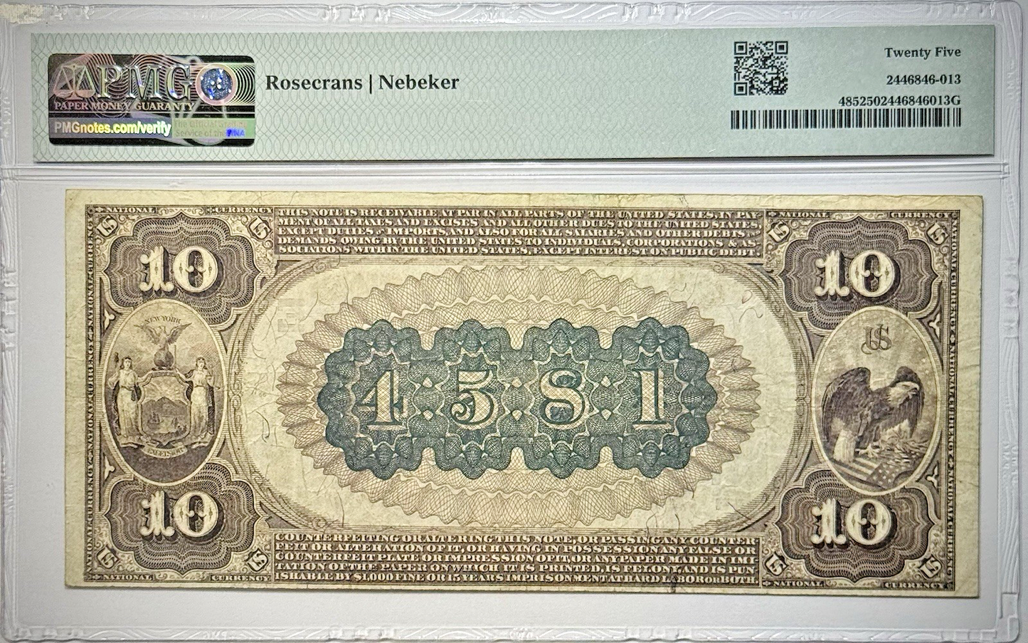 1882 Fr# 485 $10 Brown Back National Bank Note New York, New York - PMG VF 25