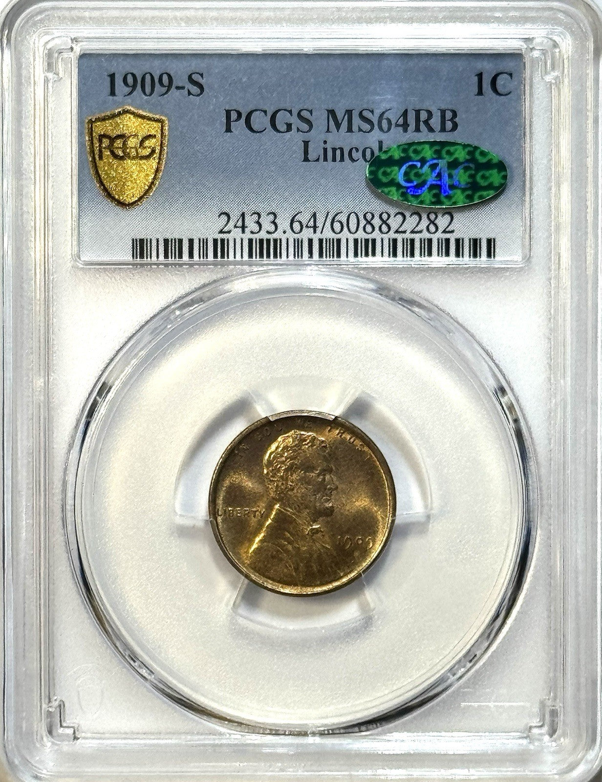 1909-S Lincoln Wheat Cent - PCGS MS64RB CAC - Gold Shield Better Semi-Key Date