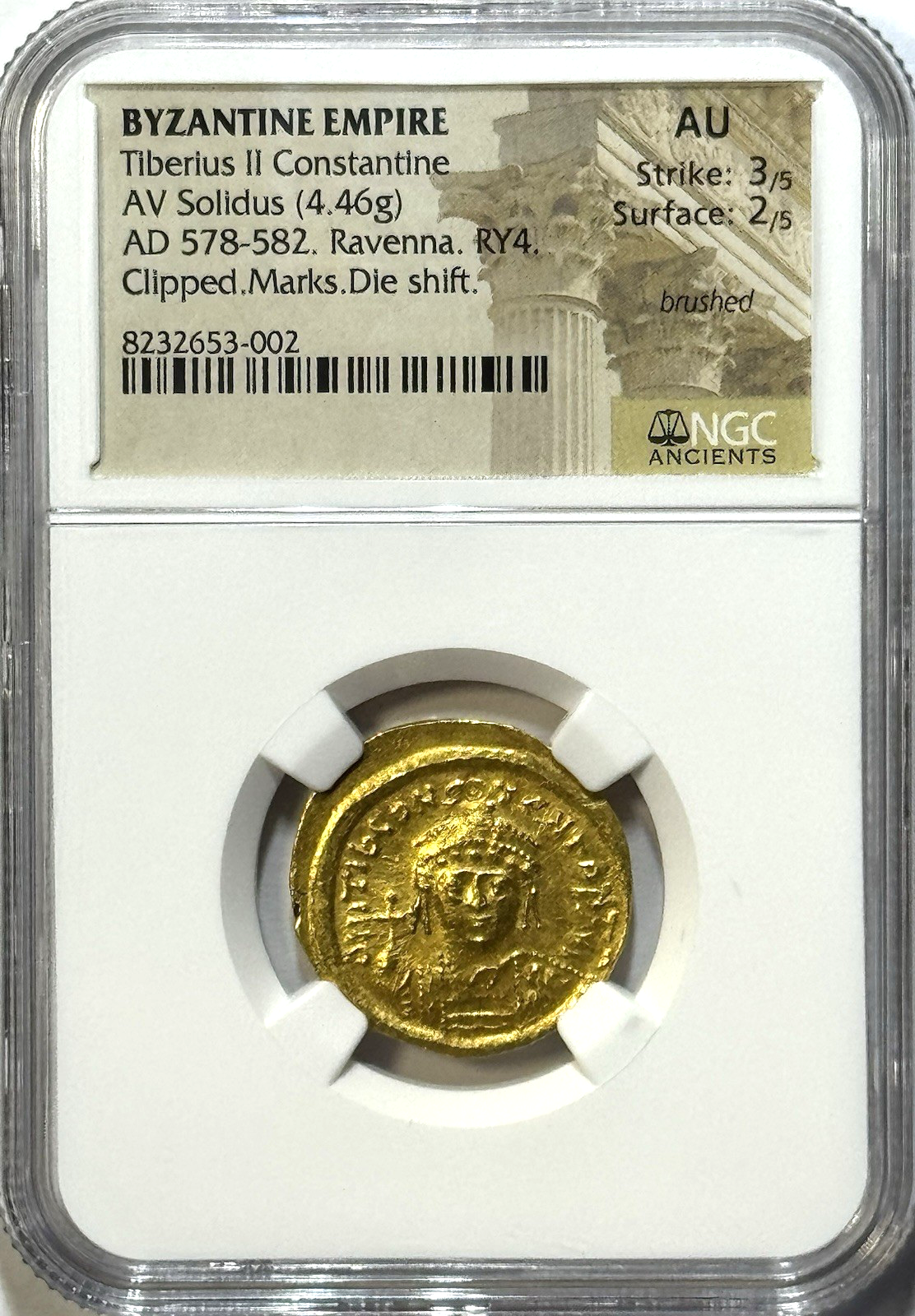 AD 578–582 Tiberius II Constantine AV Solidus (4.46g) BYZANTINE GOLD - NGC AU