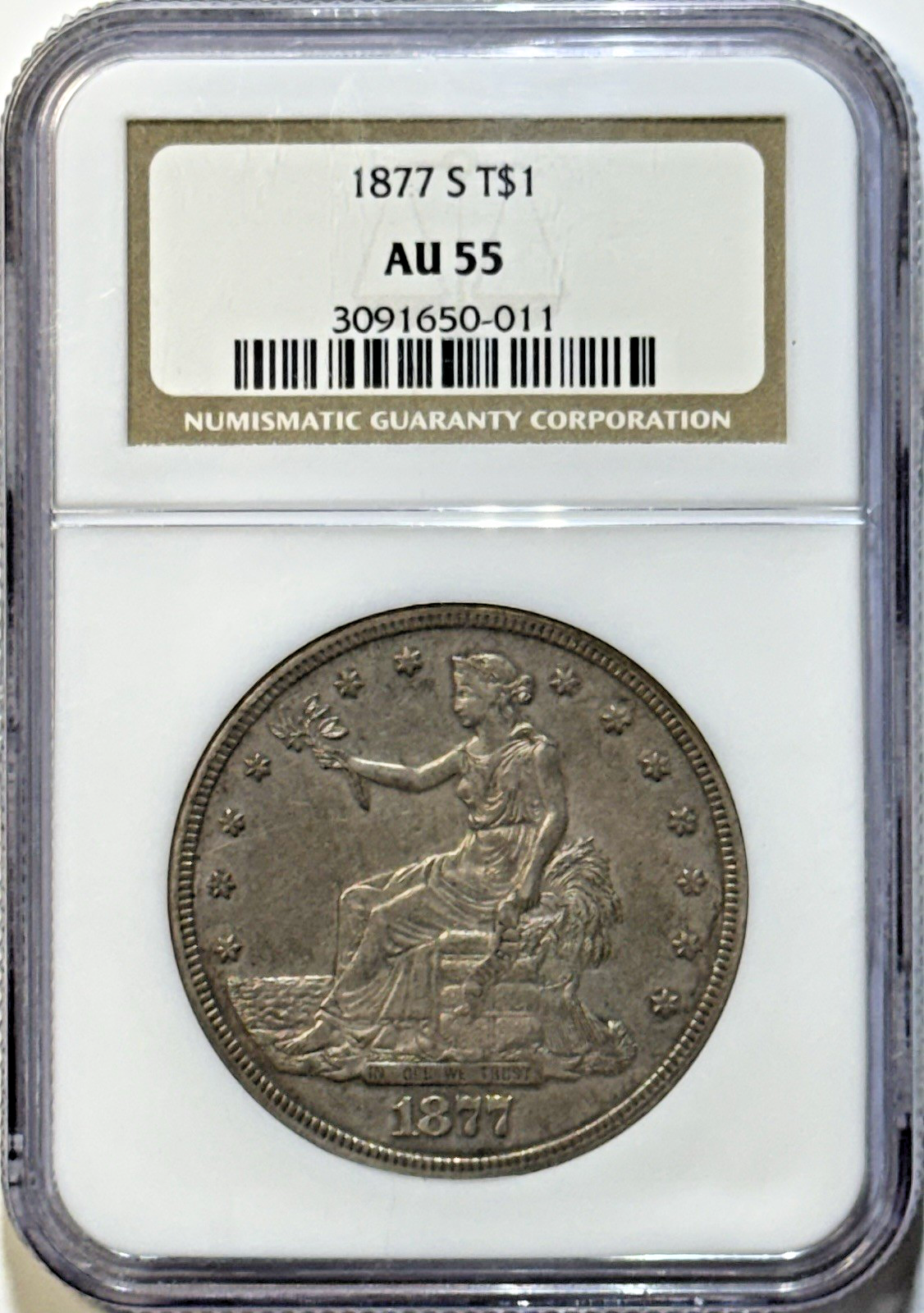 1877-S TRADE DOLLAR $1 – AU55 – RARER SAN FRANCISCO HARD HISTORIC MONEY!