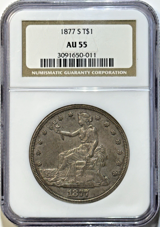 1877-S TRADE DOLLAR $1 – AU55 – RARER SAN FRANCISCO HARD HISTORIC MONEY!