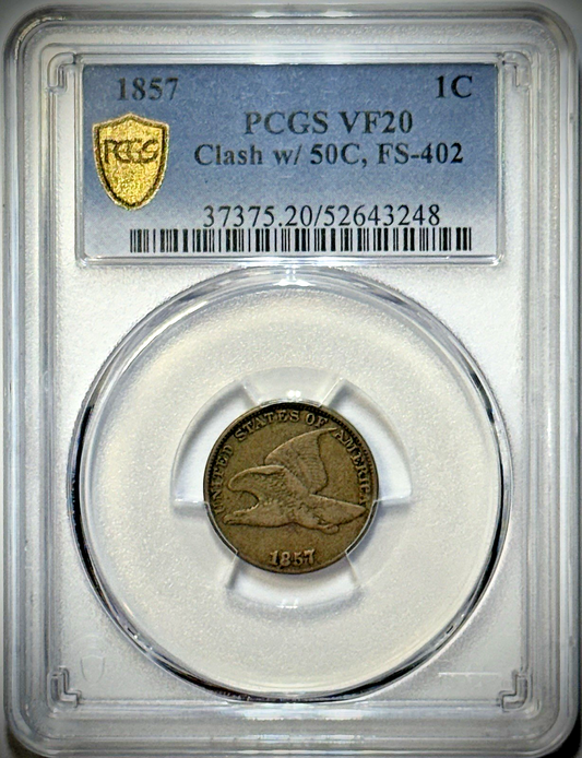 1857 Flying Eagle Cent- FS-402 / S-9 (die clash w/Liberty Seated 50c)- PCGS VF20