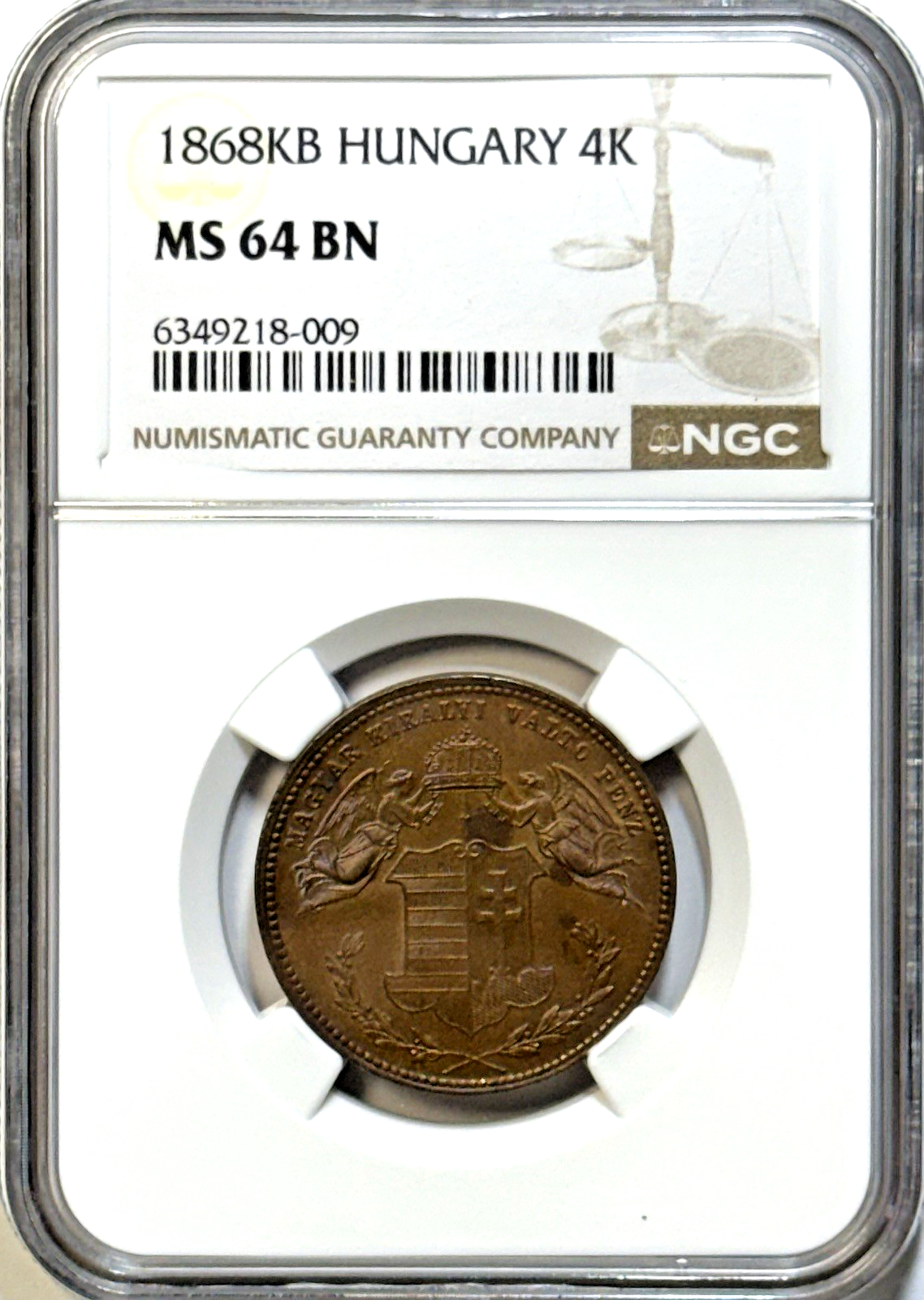 1868KB Hungary 4 Kreuzer NGC MS64 BN — BLUISH PURPLE TONED • GEM COPPER