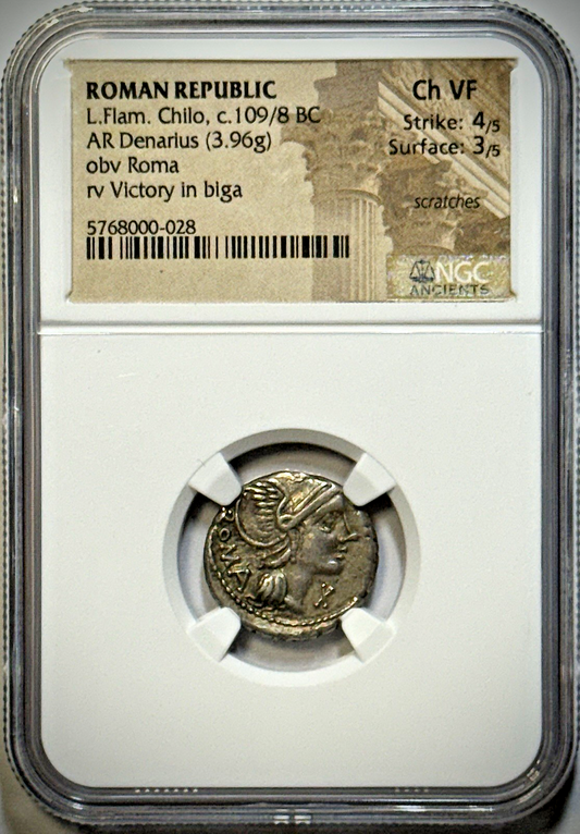 L.Flam. Chilo - c.109/8 BC ROMAN REPUBLIC AR (Silver) Denarius - NGC CH VF