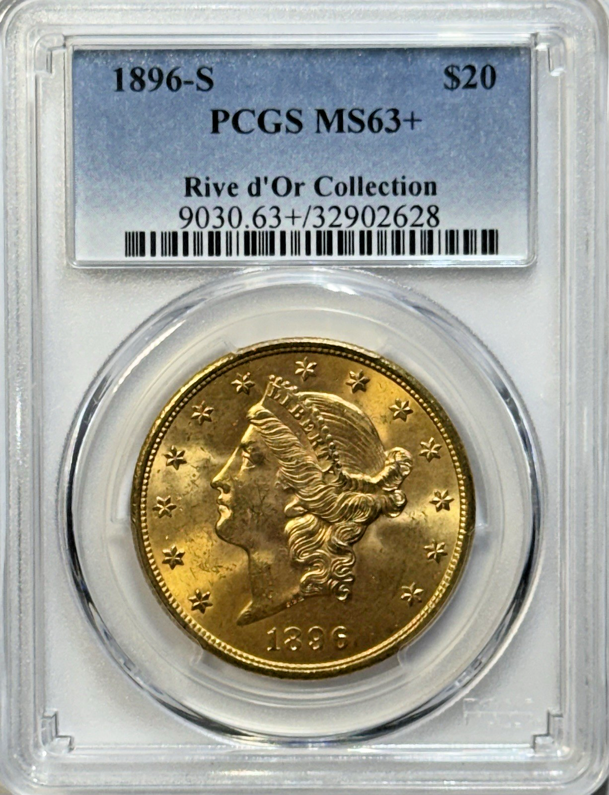 1896-S $20 Gold Liberty – PCGS MS63+ Rive d’Or Collection – Premium S-Mint