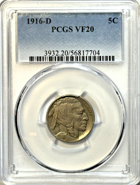 1916-D Buffalo Nickel — PCGS VF20 — Early Denver Scarcity! Clean VF Survivor