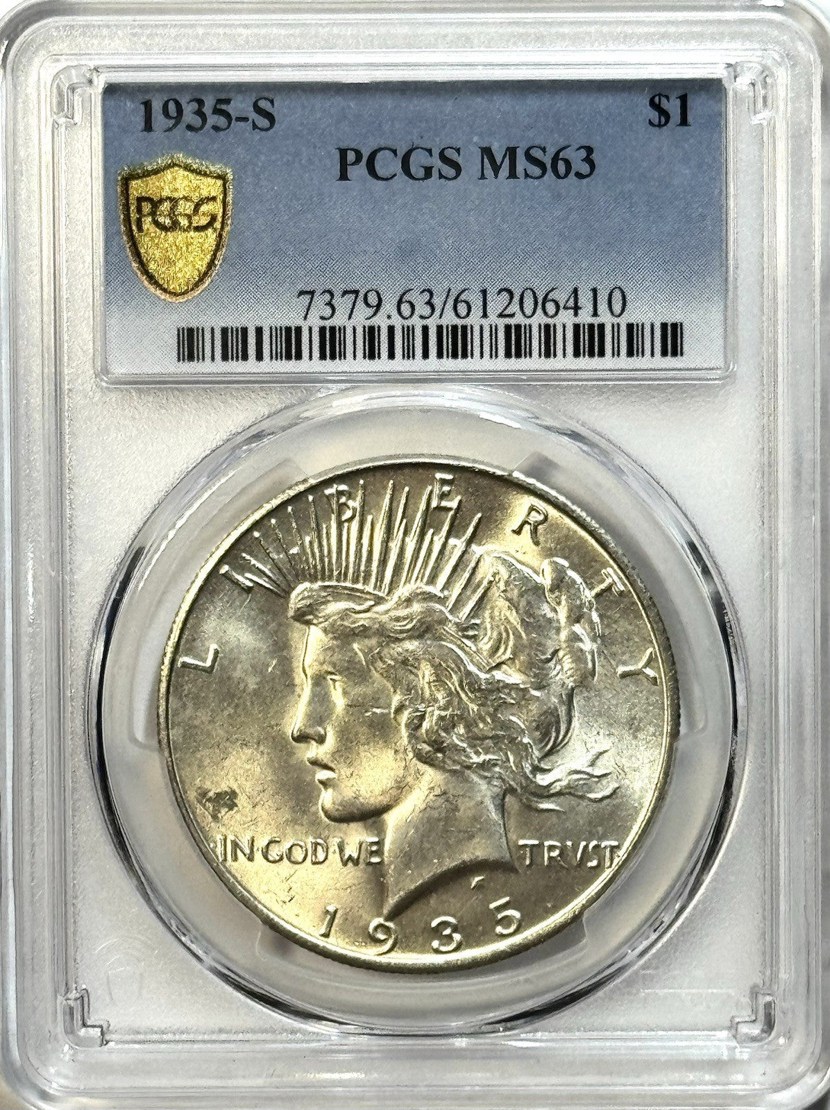 1935-S Peace Dollar- PCGS MS63- Gold Shield Better Date San Francisco Silver $1