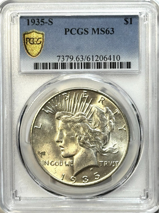 1935-S Peace Dollar- PCGS MS63- Gold Shield Better Date San Francisco Silver $1