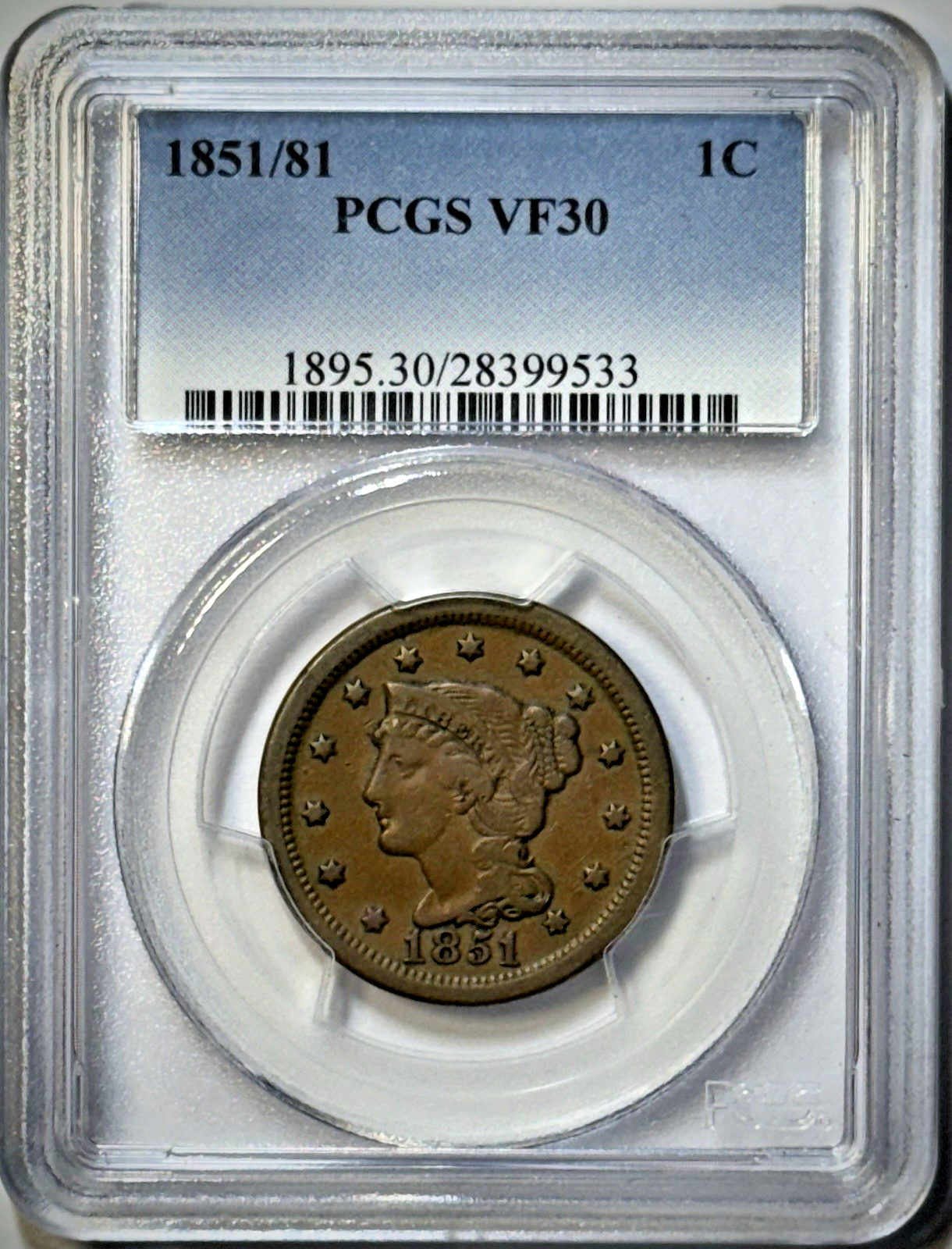 1851/81 Braided Hair Large Cent – PCGS VF30 – NC-1 Overdate – Rare Variety