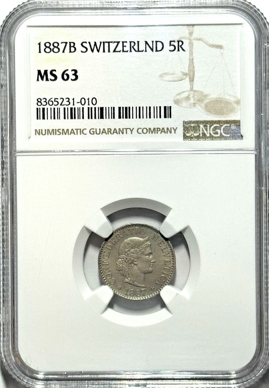 1887-B Switzerland 5 Rappen NGC MS63 — LOW MINT • STRAIGHT GEM SWISS HEAT!