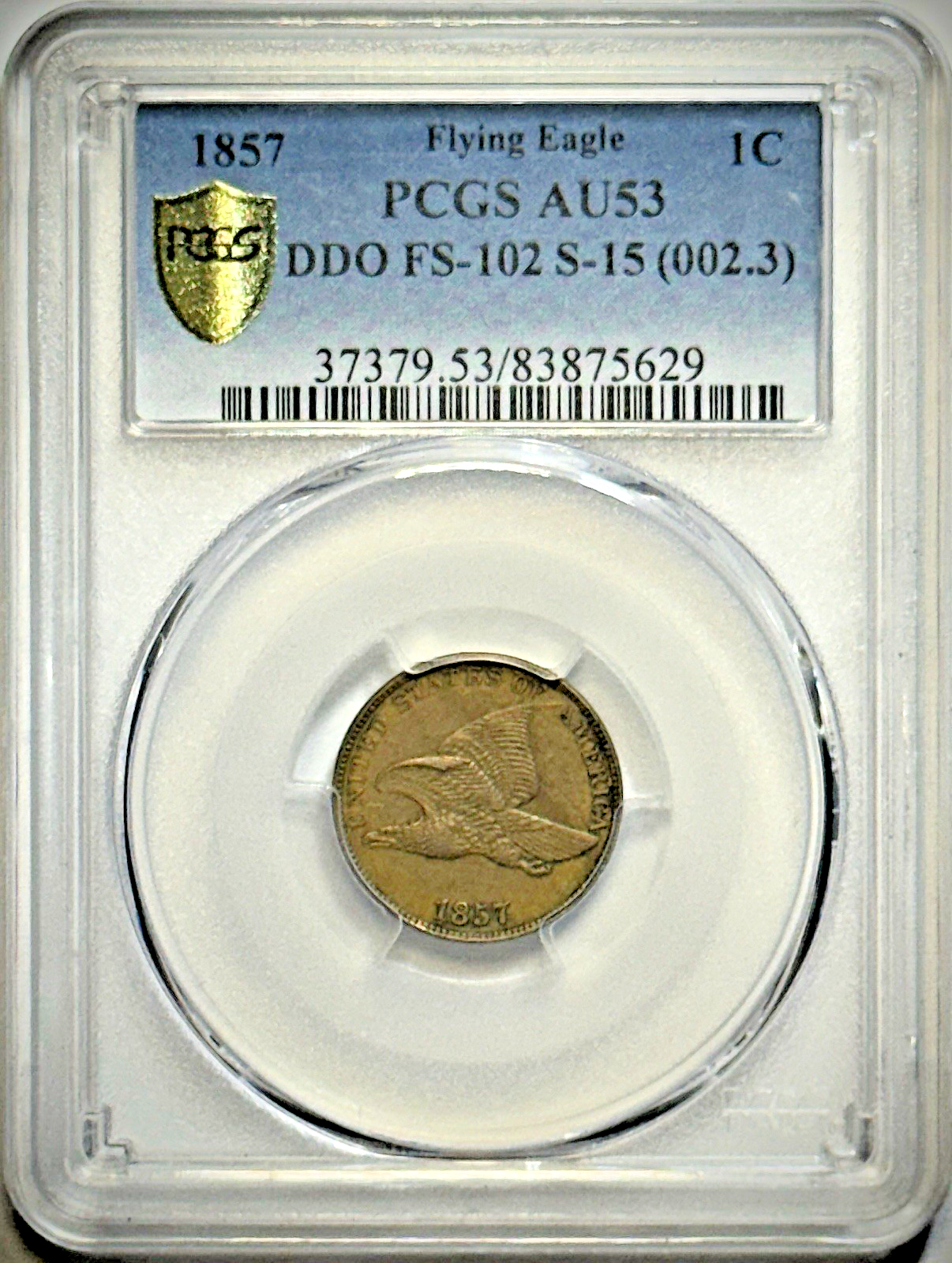 1857 Flying Eagle Small Cent- Doubled Die Obverse, Snow 15, FS-102- PCGS AU53