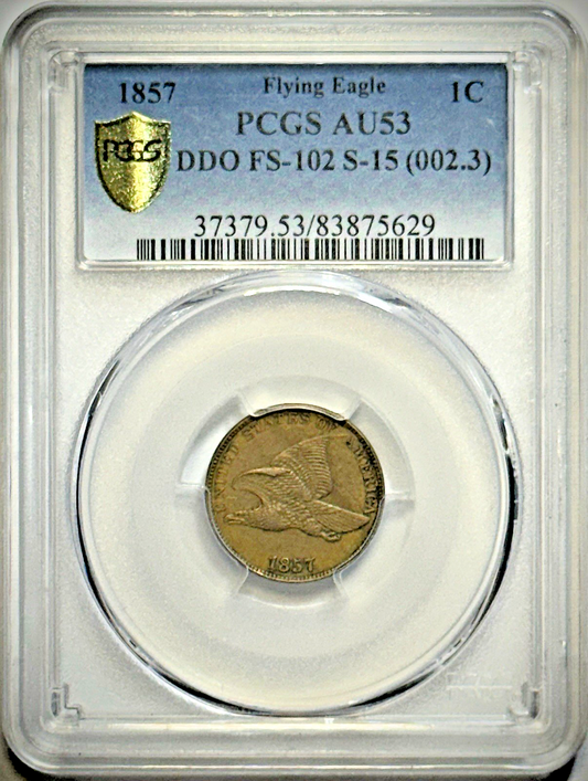1857 Flying Eagle Small Cent- Doubled Die Obverse, Snow 15, FS-102- PCGS AU53