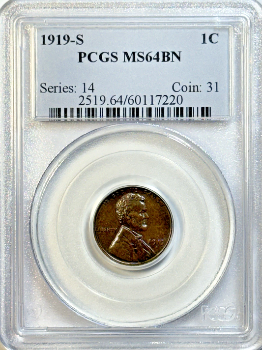 1919-S Lincoln Wheat Cent PCGS MS64 BN | Strong Color | Nicer Eye Appeal