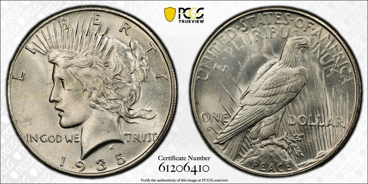 1935-S Peace Dollar- PCGS MS63- Gold Shield Better Date San Francisco Silver $1