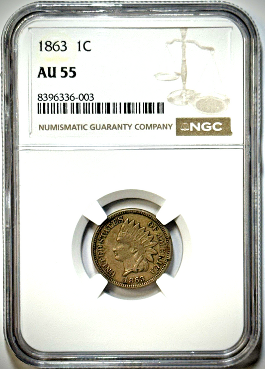 1863 Indian Head Cent NGC AU55 - Civil War Era Copper Penny - Strong Eye Appeal
